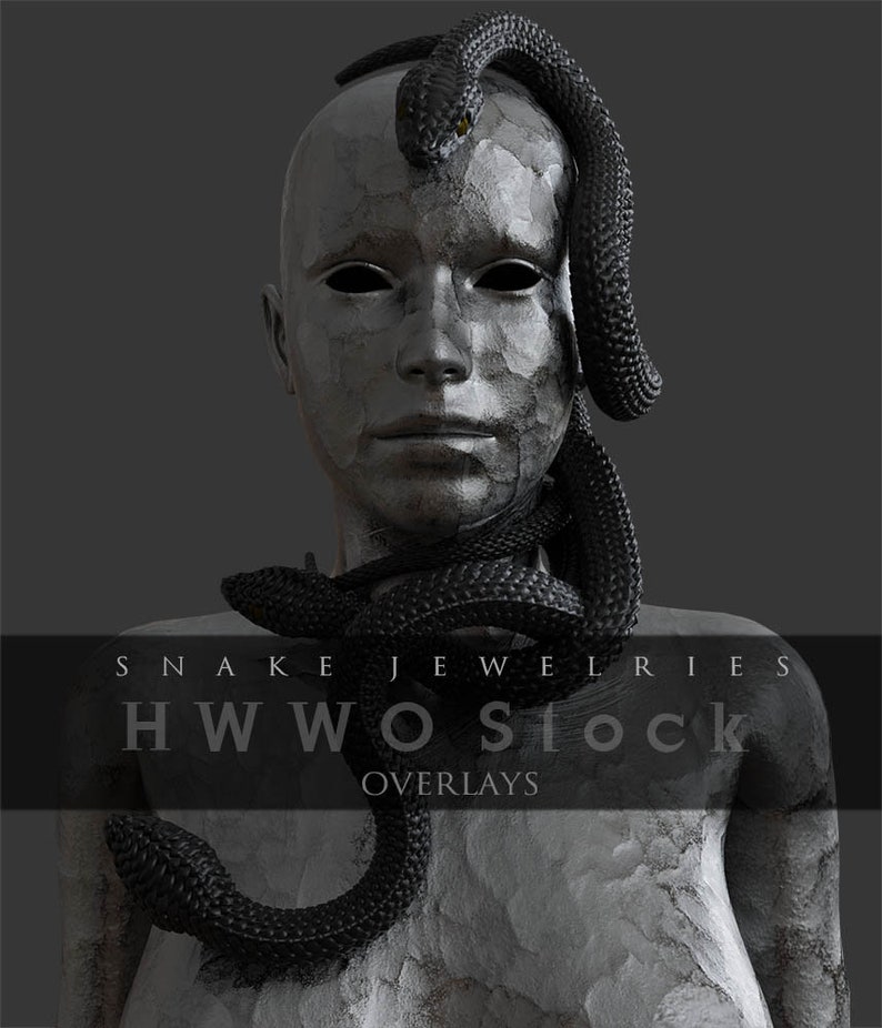 May include: A black snake wrapped around a gray, textured human bust. The snake is coiled around the neck and head of the bust. The bust has a neutral expression. The text "SNAKE JEWELRIES HWWOSTOCK OVERLAYS" is at the bottom of the image.