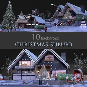 Peut inclure: Un quartier suburbain enneigé avec une maison décorée pour Noël. La maison a un extérieur noir avec des moulures blanches et une porte de garage. Des lumières de Noël sont accrochées autour de la maison et un sapin de Noël se trouve dans la fenêtre. Il y a un traîneau rouge avec une figurine de Père Noël devant la maison.