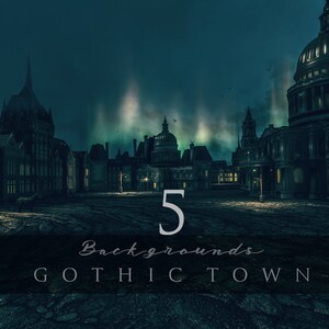 May include: Five gothic town backgrounds with a dark blue sky and a large cathedral in the center. The text "5 Backgrounds Gothic Town" is at the bottom of the image.