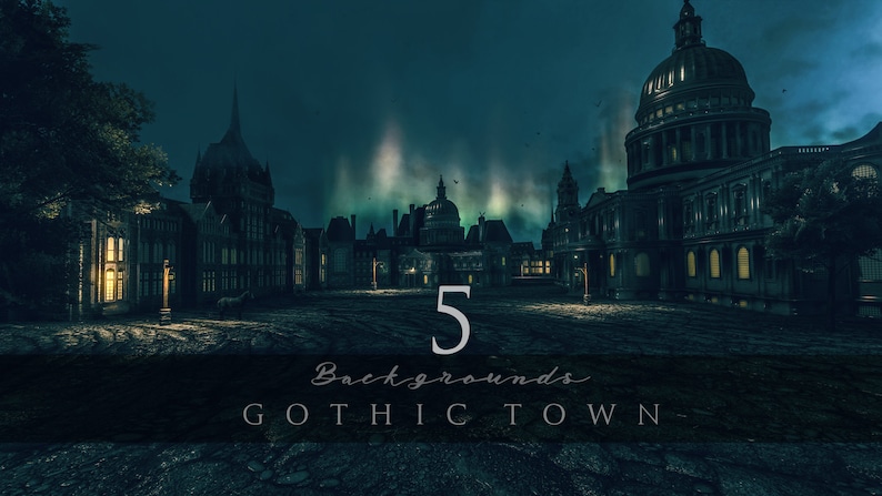 May include: Five gothic town backgrounds with a dark blue sky and a large cathedral in the center. The text "5 Backgrounds Gothic Town" is at the bottom of the image.