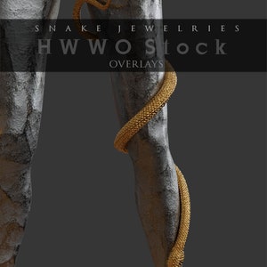 May include: A gold snake jewelry overlay for digital art and design. The snake is wrapped around a leg and has a textured surface. The text "Snake Jewelries HWWOstock Overlays" is visible at the top of the image.