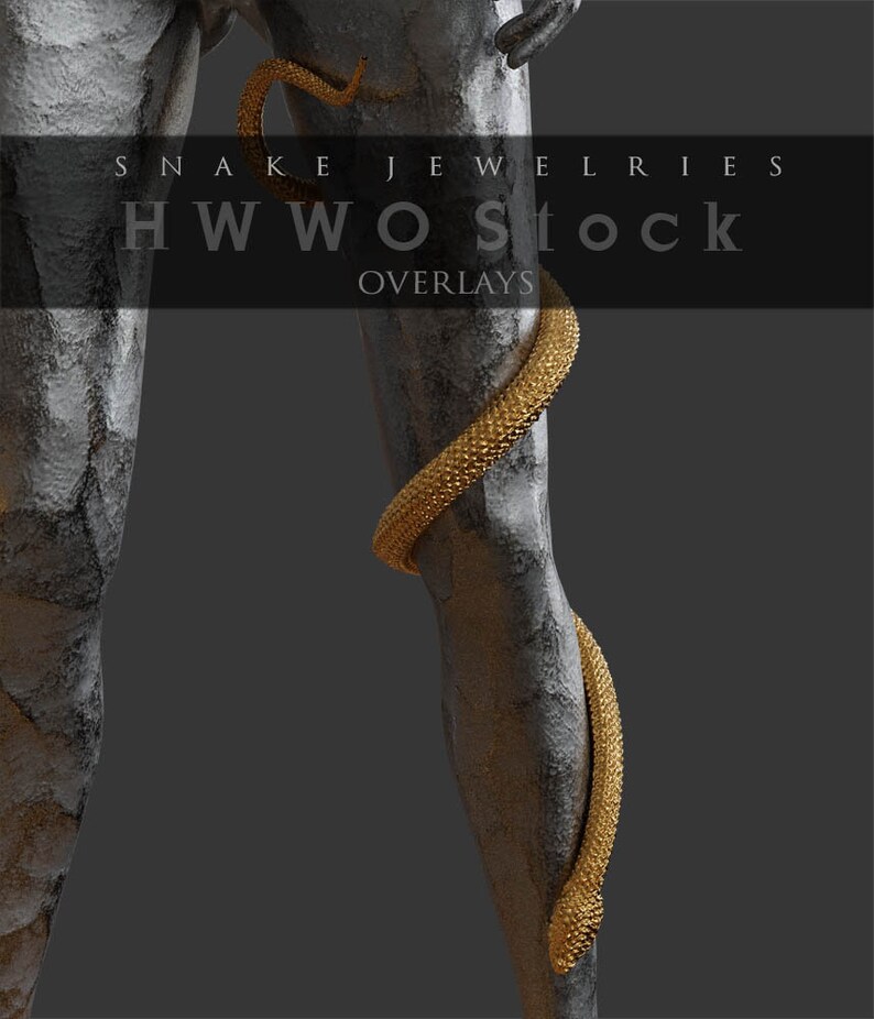May include: A gold snake jewelry overlay for digital art and design. The snake is wrapped around a leg and has a textured surface. The text "Snake Jewelries HWWOstock Overlays" is visible at the top of the image.