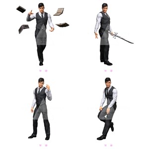 May include: A man in a white shirt and a black vest is shown in eight different poses. He is holding a book, juggling books, holding a sword, and striking a pose.