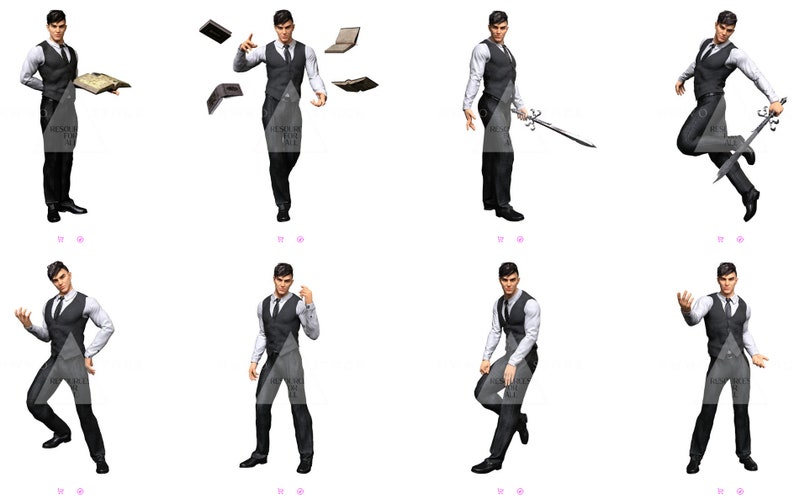 May include: A man in a white shirt and a black vest is shown in eight different poses. He is holding a book, juggling books, holding a sword, and striking a pose.