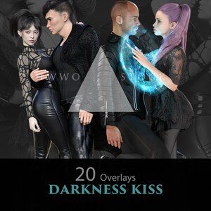May include: A digital illustration of two people in dark clothing, with a blue glowing orb between them. The text "20 Overlays Darkness Kiss" is at the bottom of the image.