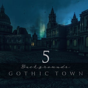 May include: Five gothic town backgrounds. The image shows a dark, moody scene with tall buildings and a cobblestone street. The buildings are made of stone and have many windows. The sky is dark and cloudy. The image is perfect for creating a spooky or mysterious atmosphere.