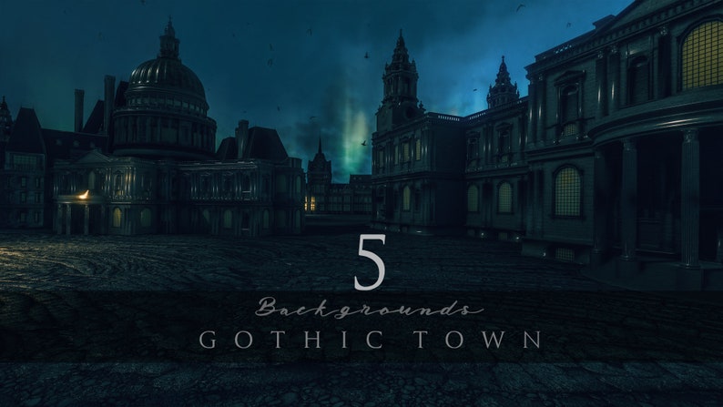 May include: Five gothic town backgrounds. The image shows a dark, moody scene with tall buildings and a cobblestone street. The buildings are made of stone and have many windows. The sky is dark and cloudy. The image is perfect for creating a spooky or mysterious atmosphere.