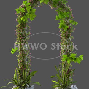 May include: A stone archway covered in green vines with pink flowers. The archway is decorated with green plants and has a stone base.