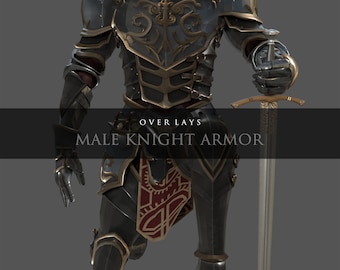 May include: A black and gold knight's armor with intricate details. The armor includes a helmet, chest plate, gauntlets, leg plates, and boots. The knight is kneeling with a sword in his right hand. The text "OVERLAYS MALE KNIGHT ARMOR" is displayed below the image.