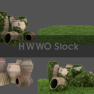 以下が含まれることがあります： 緑のツタが絡まっているテラコッタ製の壺の集まり。壺は緑の芝生の上に置かれています。