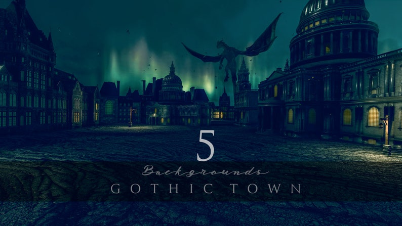 May include: Five digital backgrounds featuring a gothic town with a flying dragon, a large cathedral, and a dark, moody atmosphere.