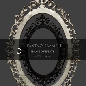 Op de afbeelding: Een zilveren ovale lijst met ingewikkelde krulwerk en een zwarte binnenlijst. De lijst is gelabeld "Fantasy Frame II Frame Overlays 5 HWWO Stock".