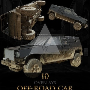 May include: An image showcasing three off-road vehicles in various positions, covered in mud. The vehicles are black with large, rugged tires. The image includes the text "10 OVERLAYS OFF-ROAD CAR" in gold lettering, and a watermark.