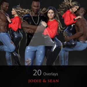 Peut inclure: Une illustration numérique d'un couple dans différentes poses. La femme porte un haut rouge et un pantalon noir. L'homme porte une chemise noire et un jean bleu. L'image comprend le texte "20 Overlays Jodie & Sean".