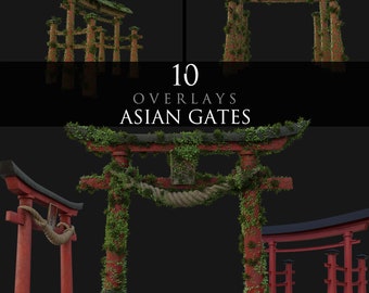 May include: 10 overlays of Asian gates with vines and greenery. The gates are red and have a traditional Japanese style.