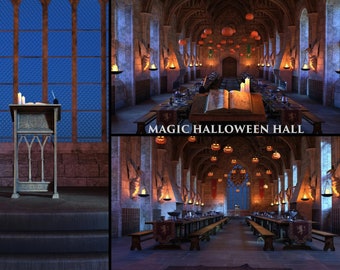 Wizard's Academy/Magic Hall/Halloween Interieur/Kasteel/Achtergronden/Overlays/Halloween/Scènes/Photoshop/3D render/Nightscape/Kaarslicht
