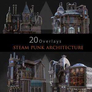 May include: 20 steampunk architecture overlays. These digital overlays feature intricate details and textures, perfect for adding a unique and whimsical touch to your designs.