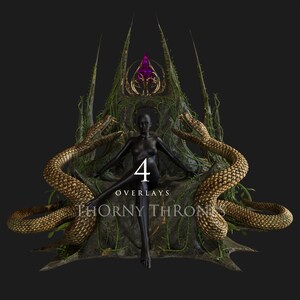 Puede incluir: Ilustración digital de una figura negra sentada en un trono espinoso. El trono está adornado con serpientes doradas y una corona con una gema púrpura. Se muestra el texto "4 OVERLAYS THORNY THRONES".