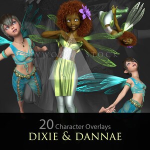 Puede incluir: Ilustración digital con cuatro superposiciones de personajes de hadas. Las hadas están en varias poses, vistiendo trajes coloridos con alas. El texto "20 Character Overlays DIXIE & DANNAE" está en la parte inferior de la imagen.