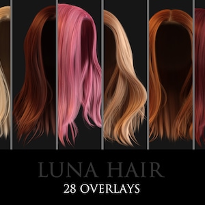 May include: A set of six different colored hair overlays for digital art. The hair is styled in a long, flowing, wavy style. The colors are blonde, red, pink, light brown, brown, and dark red. The text "LUNA HAIR 28 OVERLAYS" is at the bottom of the image.