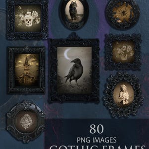 Puede incluir: Ocho marcos góticos negros con varias imágenes, incluyendo una calavera con flores, un gato, una araña, una iglesia, un cuervo y un busto. El texto "80 PNG IMAGES GOTHIC FRAMES" se encuentra en la parte inferior.