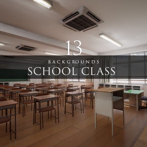 May include: A classroom setting with rows of desks and chairs, a teacher's desk, and a blackboard. The room has a light wood floor and windows with curtains. The text "13 BACKGROUNDS SCHOOL CLASS" is displayed on a black banner.