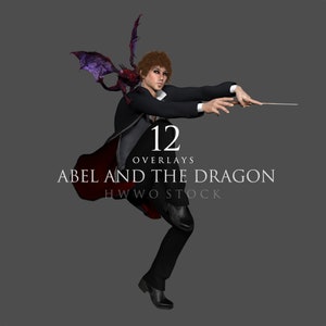 Puede incluir: Ilustración digital de una persona con un traje negro y una capa con forro rojo, sosteniendo una varita. Un pequeño dragón con alas moradas descansa sobre el hombro de la persona. Texto: "12 Overlays, Abel and the Dragon, HWW STOCK."