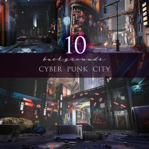 May include: A collection of 10 cyberpunk city backgrounds. The images feature neon signs, futuristic architecture, and dark alleyways. The backgrounds are perfect for creating a dystopian or sci-fi atmosphere.