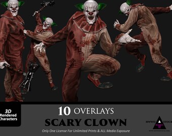 Enge clown/monster/wezen/halloween/fantasiepersonages/circus/composiet/png/overlays/3D-gerenderd/stockafbeeldingen/photoshop/horror/enge