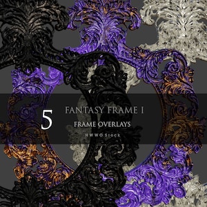 Op de afbeelding: Vijf sierlijke, decoratieve frames in zwart, paars, goud en zilver. De frames zijn ingewikkeld ontworpen met bloemmotieven en hebben een vintage, fantasievolle esthetiek. De tekst "Fantasy Frame I Frame Overlays HWO Stock" is zichtbaar in het midden van de afbeelding.