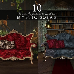 Può includere: Due divani decorati rivestiti in velluto con dettagli dorati. Il divano a sinistra è rosso e il divano a destra è blu. Entrambi i divani hanno cuscini. Il testo "10 Backgrounds MYSTIC SOFAS" è in alto nell'immagine.
