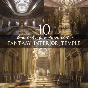May include: Ten fantasy interior temple backgrounds. The image shows two different scenes. The first scene is a large, ornate room with a throne in the center. The second scene is a long hallway with columns on either side.