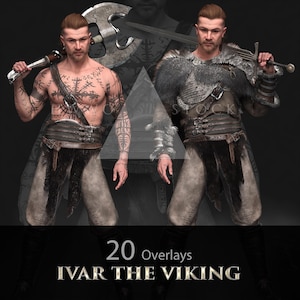 Peut inclure: Deux illustrations numériques d'un guerrier viking, l'un tenant une hache et l'autre une épée. Le guerrier porte des tatouages et des vêtements en cuir et en fourrure. L'image comprend le texte "20 Overlays IVAR THE VIKING".