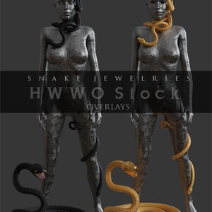 May include: Two images of a silver-toned figure with snakes wrapped around their neck and legs. The snakes in the left image are black, and the snakes in the right image are gold.