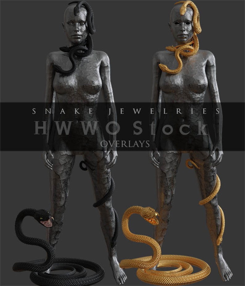 May include: Two images of a silver-toned figure with snakes wrapped around their neck and legs. The snakes in the left image are black, and the snakes in the right image are gold.