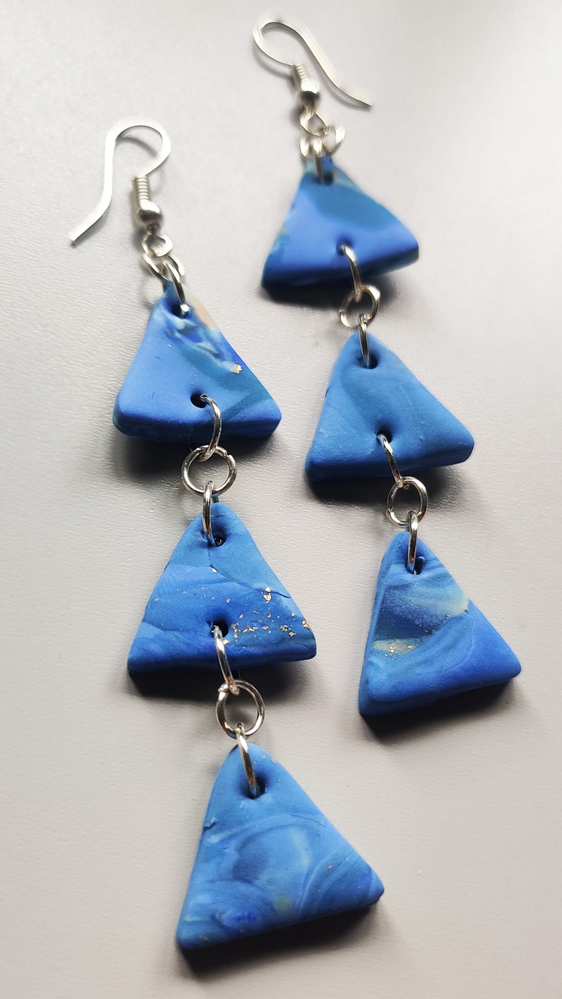 Blue and Gold Triangular Dangle Clay Earrings