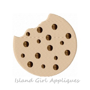 May include: A brown chocolate chip cookie with a bite taken out of it. The cookie has a light brown background with a pattern of dark brown chocolate chips.