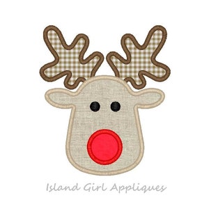 Diseño de aplique de bordado a máquina con cabeza de reno navideño, aplique de Rudolph