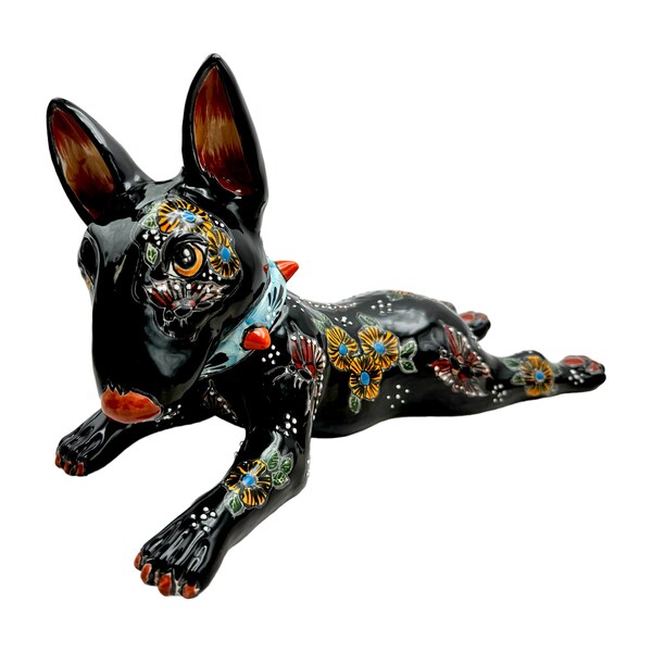 Talavera Bull Terrier Laying Down Dog Sculpture Mexican Pottery Folk Art Handmade Hand Painted Indoor Outdoor Home Decor Southwest 13.5”