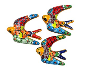 Hirondelle de Talavera (3) oiseau Art populaire poterie mexicaine mignonne peinte à la main décoration d'intérieur intérieur extérieur art mural jardin fait main