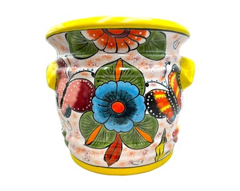 Talavera Large Planter Barrel Pot Mexican Handmade Hand Painted Pottery Indoor Outdoor Home Decor Multicolor Southwest Colorful Ceramic 15"