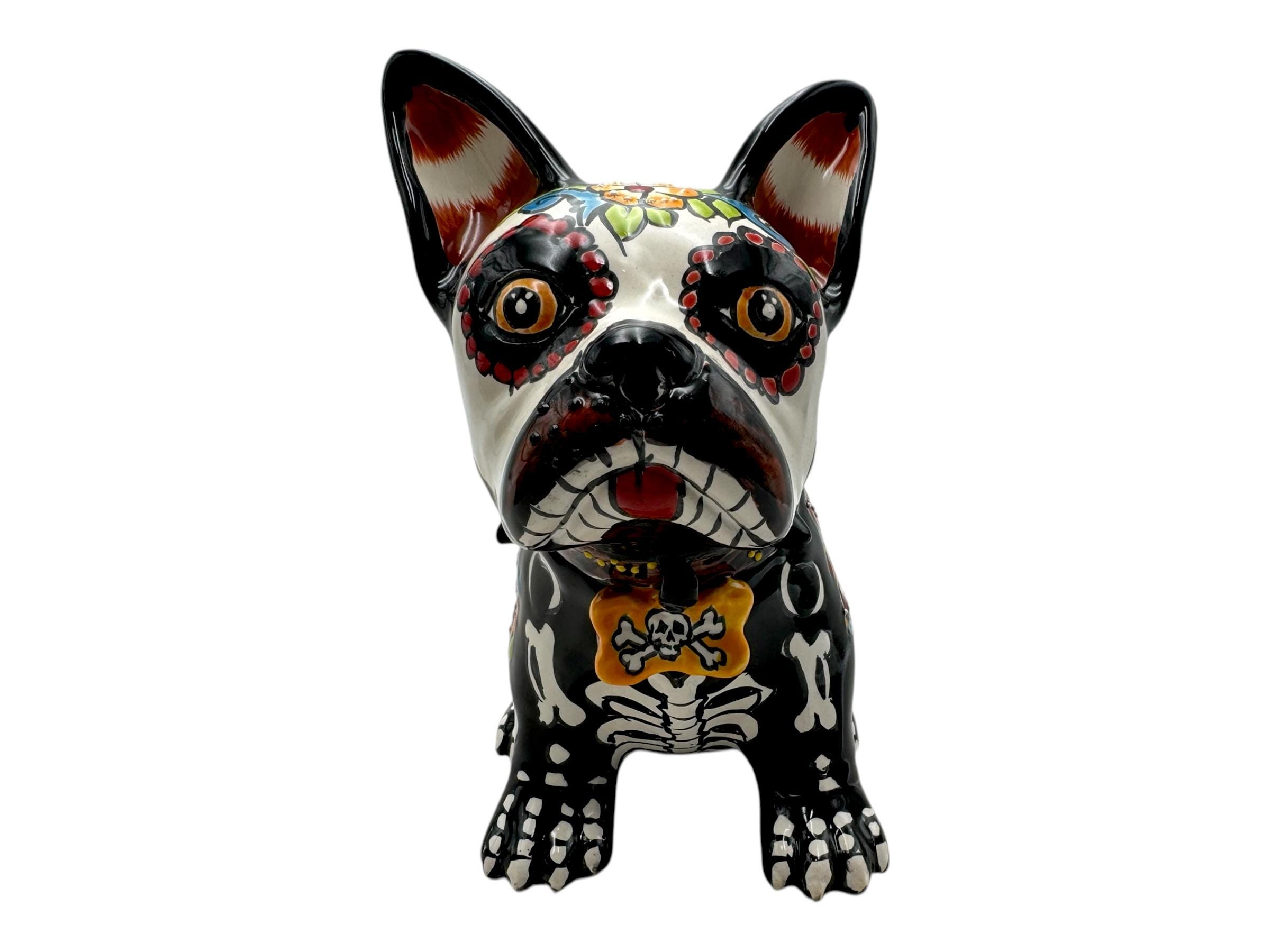 Talavera Frenchie Dog French Bulldog Skeleton Cute Hand Painted Mexican Pottery Indoor Outdoor Home Decor Multicolor Height 9"
