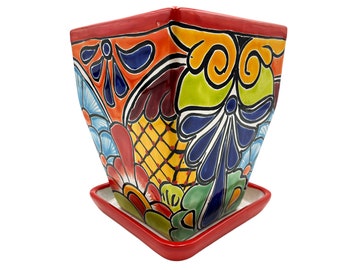 Tall Tapered Square Planter w/Saucer Folk Art Mexican - Etsy België