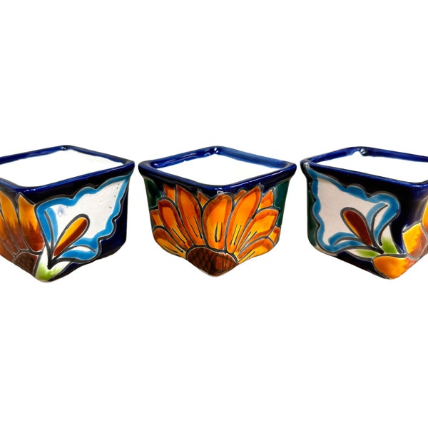 Talavera Small Cube Planter Pot (3) Cute Mexican Handmade Hand Painted Pottery Indoor Outdoor Home Decor Multicolor