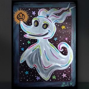 May include: A whimsical painting of Zero from The Nightmare Before Christmas. Zero, a white ghost dog with rainbow accents, holds a glowing jack-o'-lantern. The background is dark with stars and colorful star shapes. Signed "Gael K."