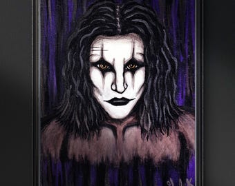 May include: Framed portrait of a person with white face paint, black hair, and dark eye makeup. The background features vertical purple and black brushstrokes. The artwork is signed in the bottom right corner and framed in a black frame.