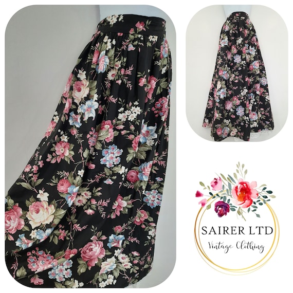 Vintage Skirt Size 10 Black Pink Blue Floral 100%… - image 1