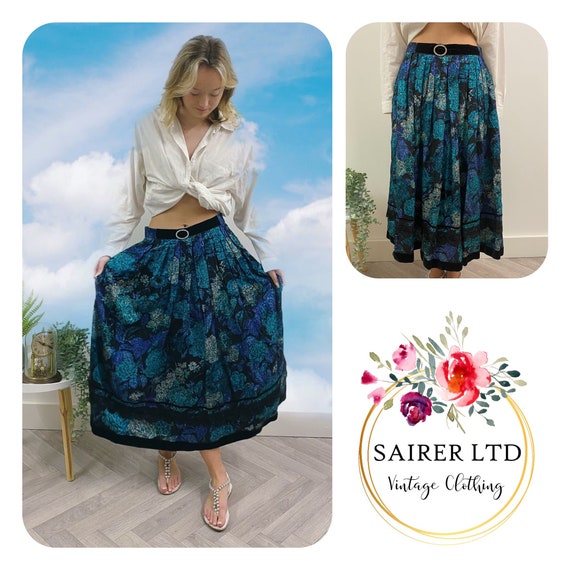Vintage Skirt Size 12 Blue Black Floral German Landhaus Tyrol Satin Long Lace M G Retro Faux Belt Velvet Diamante Buckle Pleated Flared Q6 Etsy Canada