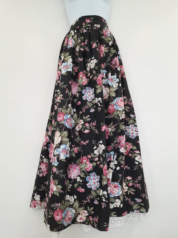 Vintage Skirt Size 10 Black Pink Blue Floral 100%… - image 2