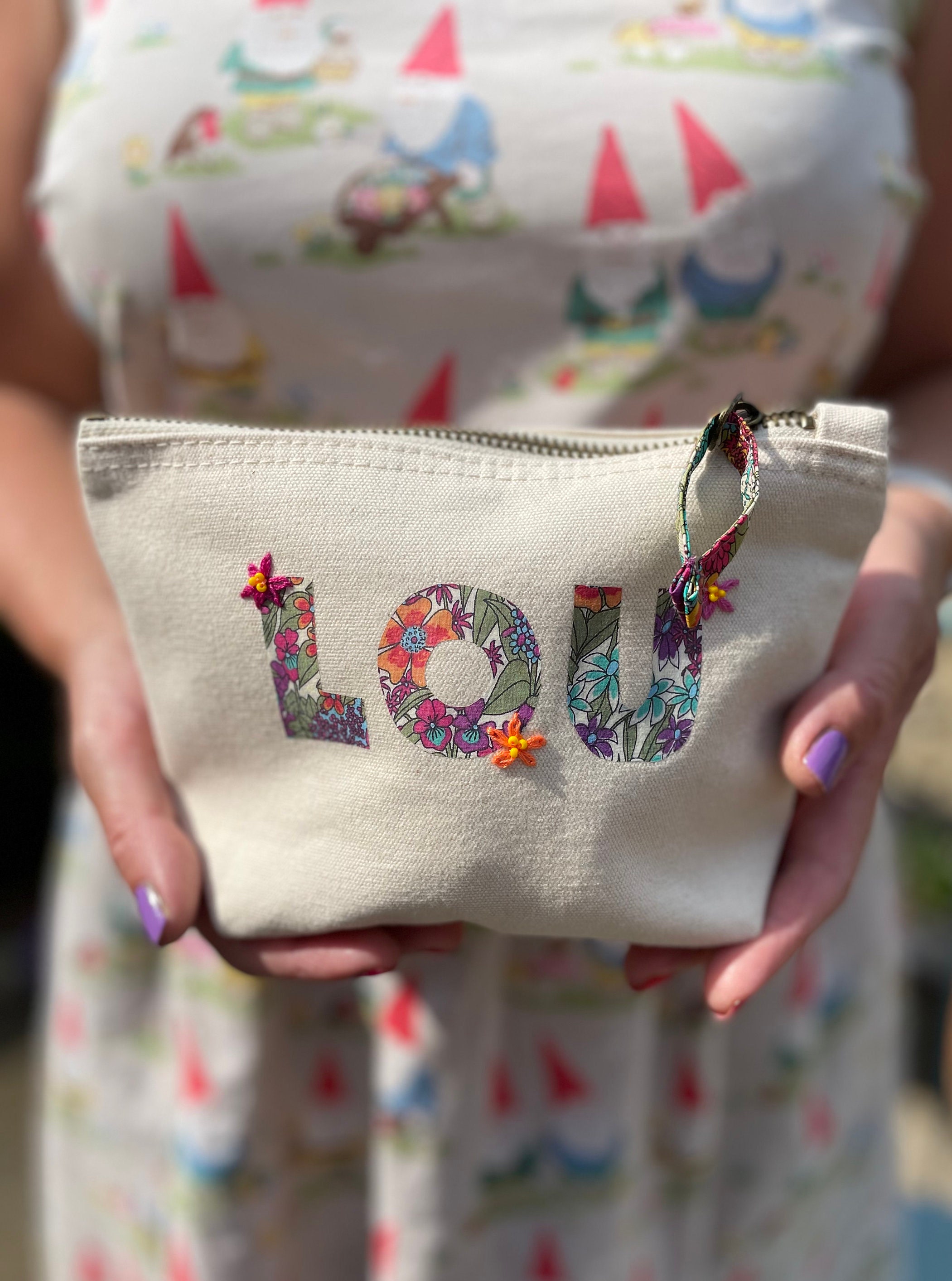 Personalised embroidered floral design cosmetic bag Etsy